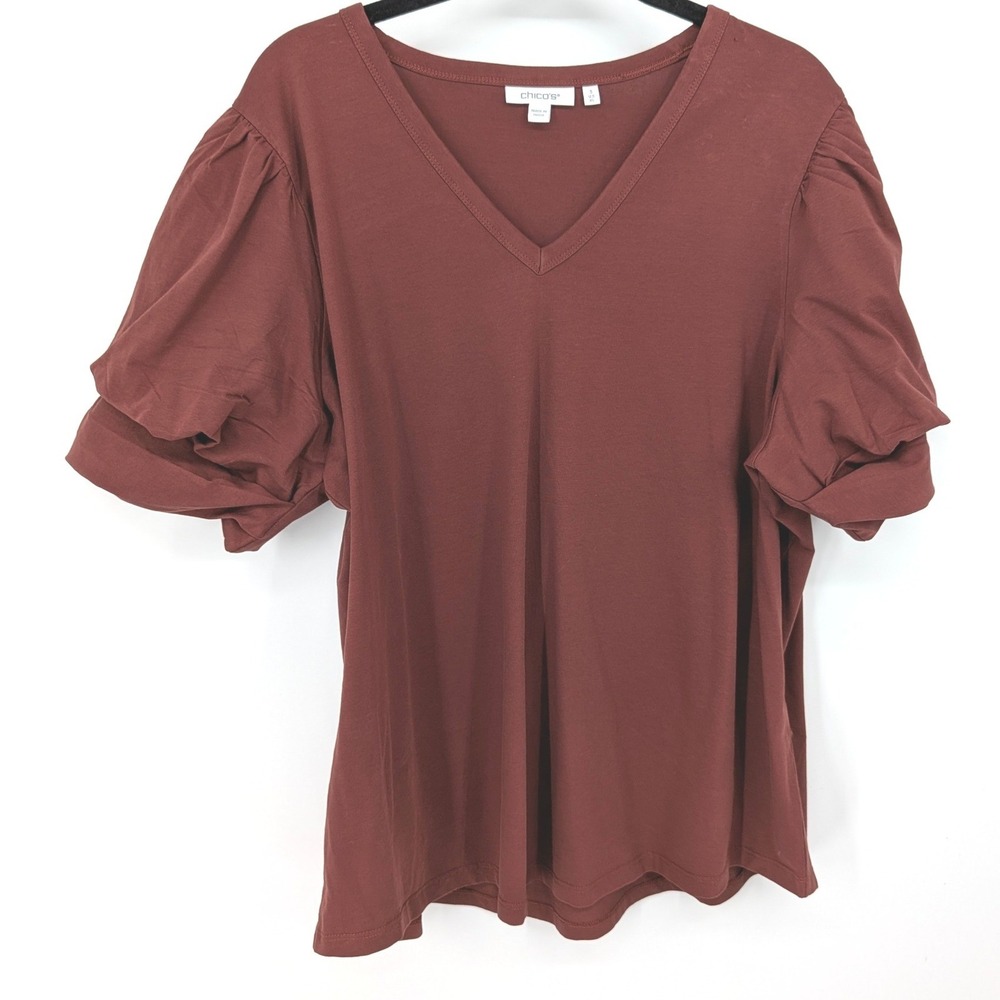 Chicos Puff Sleeve Top Women XL Rust Brown Tiered Ruffle Stretch Casual Boho